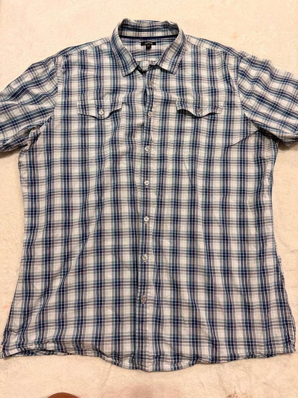 Apt. 9 Men's XLT Short Sleeve Button Up Blue & Teal Plaid Cotton 2 Pockets Shirt